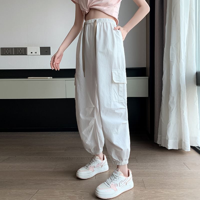 Drawstring Waist Plain Cropped Harem Cargo Pants