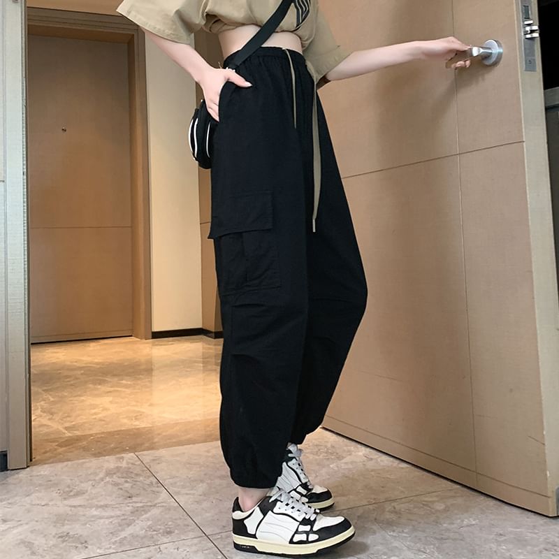 Drawstring Waist Plain Cropped Harem Cargo Pants