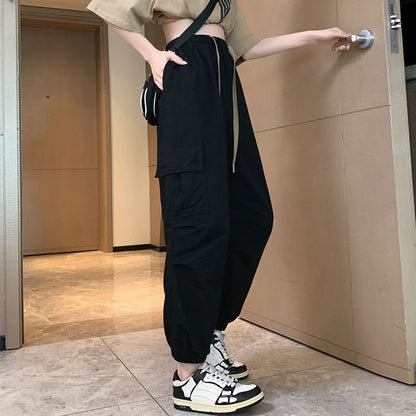 Drawstring Waist Plain Cropped Harem Cargo Pants