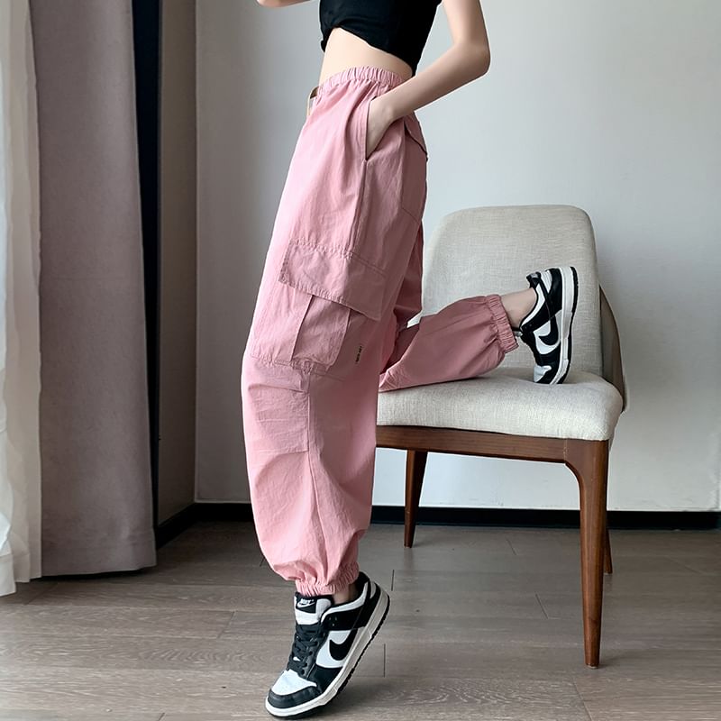 Drawstring Waist Plain Cropped Harem Cargo Pants