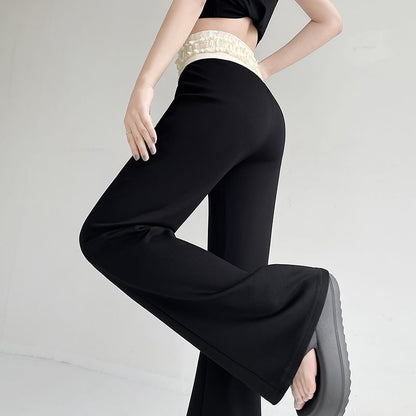 High Rise Two Tone Frill Trim Flared Pants (Various Designs)