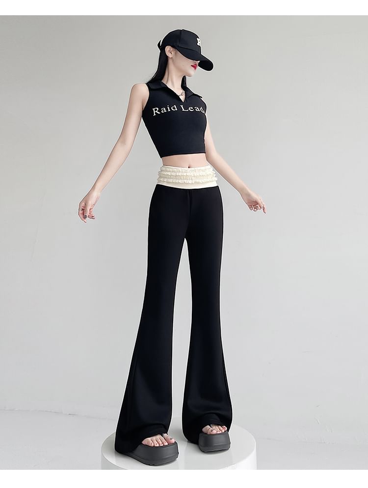 High Rise Two Tone Frill Trim Flared Pants (Various Designs)