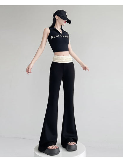 High Rise Two Tone Frill Trim Flared Pants (Various Designs)