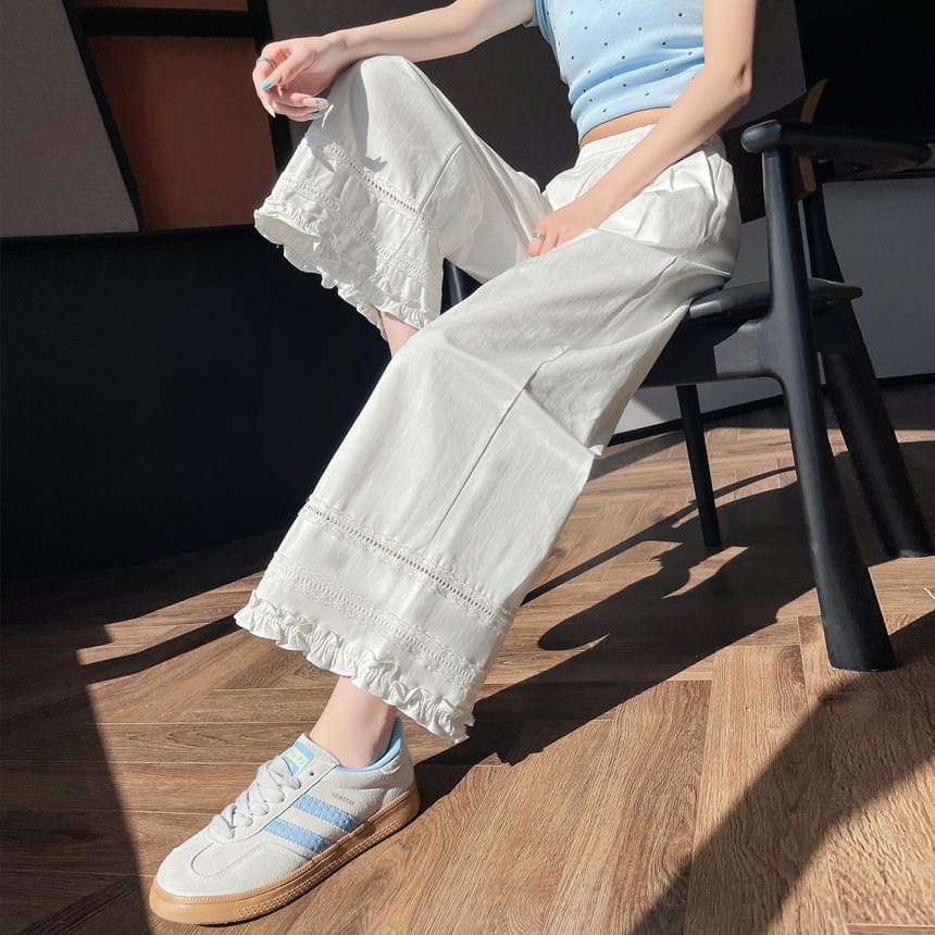 High Rise Plain Lace Panel Frill Trim Cropped Wide Leg Pants