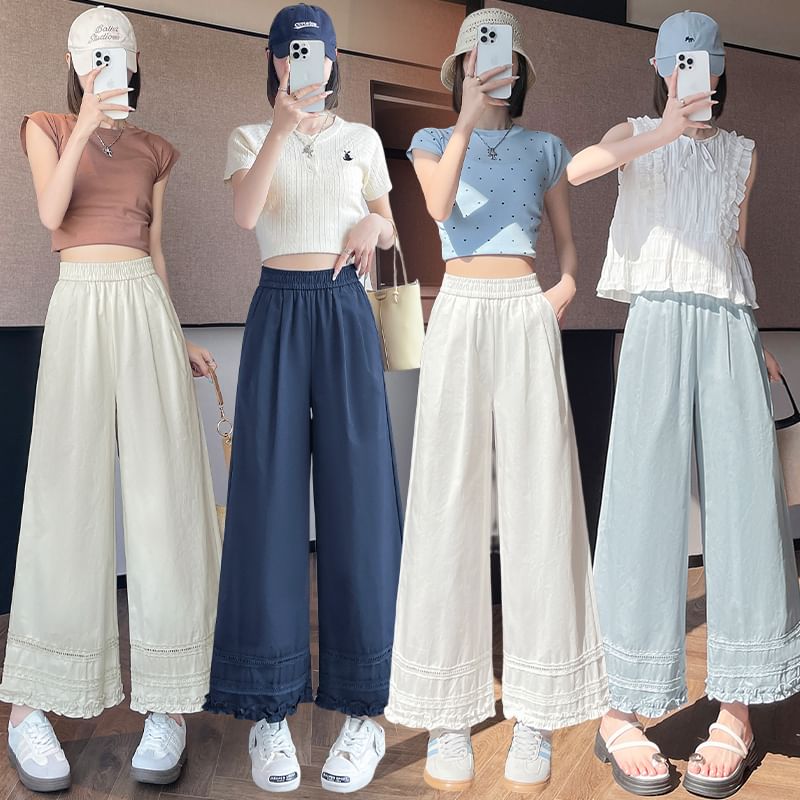 High Rise Plain Lace Panel Frill Trim Cropped Wide Leg Pants