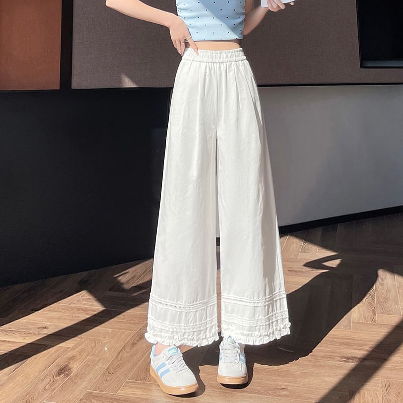 High Rise Plain Lace Panel Frill Trim Cropped Wide Leg Pants
