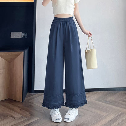 High Rise Plain Lace Panel Frill Trim Cropped Wide Leg Pants