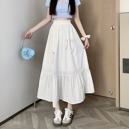 High Rise Plain Bow Accent Midi A-Line Skirt