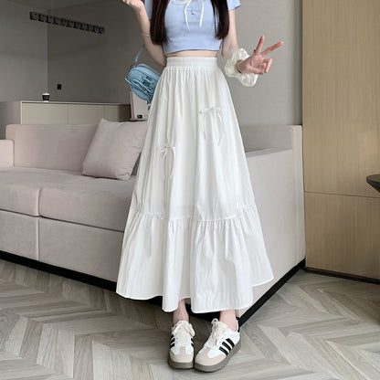 High Rise Plain Bow Accent Midi A-Line Skirt