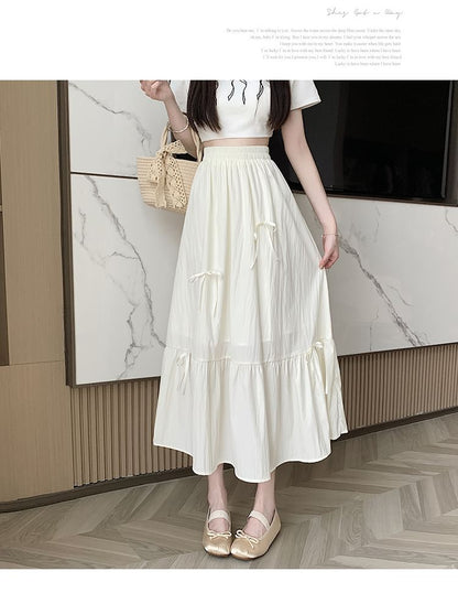 High Rise Plain Bow Accent Midi A-Line Skirt
