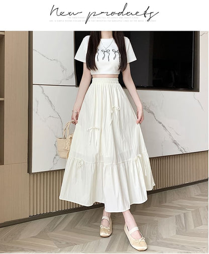 High Rise Plain Bow Accent Midi A-Line Skirt