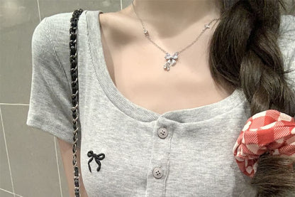 Short-Sleeve Scoop Neck Bow Embroidered Slim Fit Crop T-Shirt