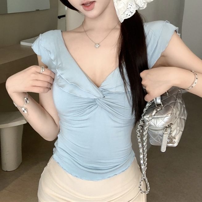 Cap-Sleeve V-Neck Plain Knot T-Shirt