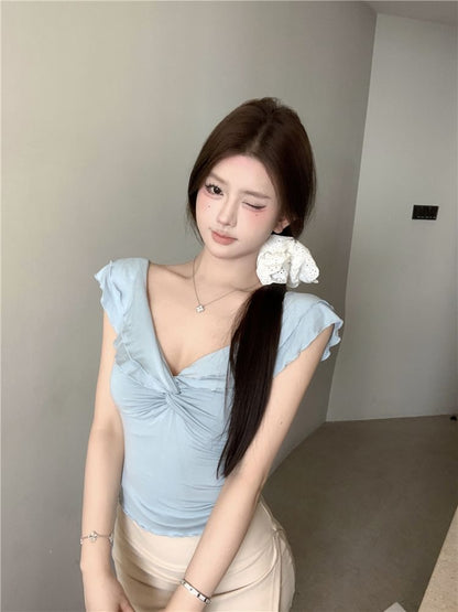 Cap-Sleeve V-Neck Plain Knot T-Shirt