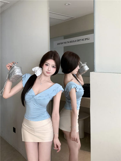 Cap-Sleeve V-Neck Plain Knot T-Shirt