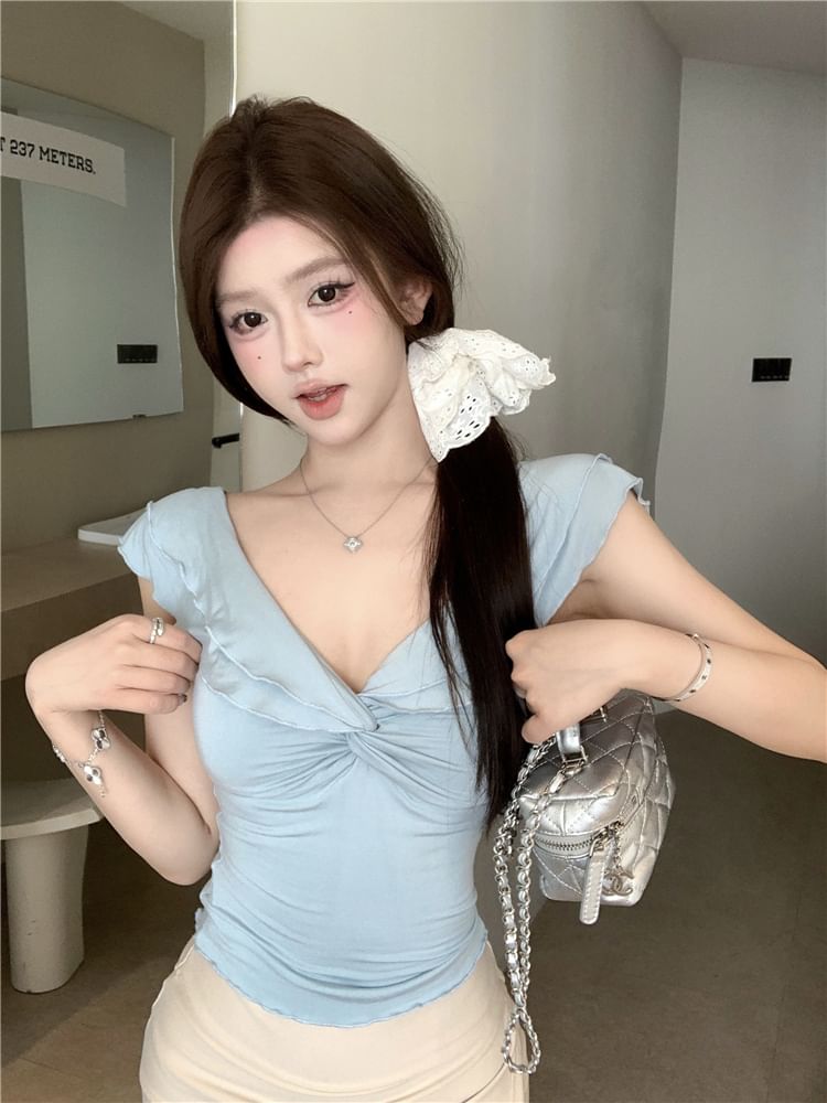 Cap-Sleeve V-Neck Plain Knot T-Shirt