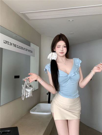 Cap-Sleeve V-Neck Plain Knot T-Shirt