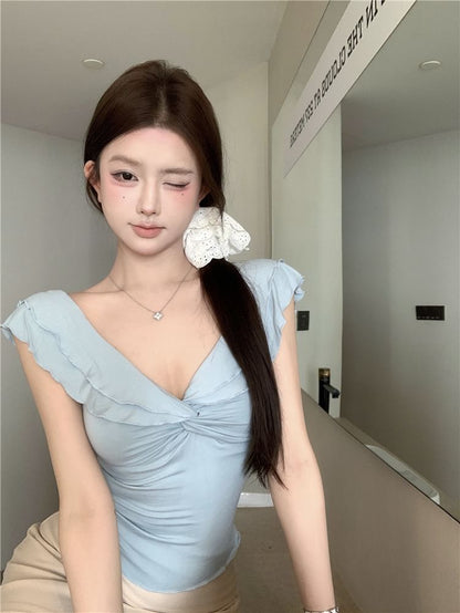 Cap-Sleeve V-Neck Plain Knot T-Shirt