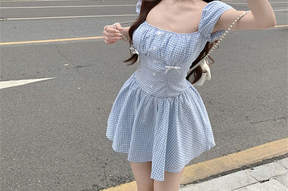 Puff-Sleeve Gingham Bow Mini A-Line Dress / Kerchief
