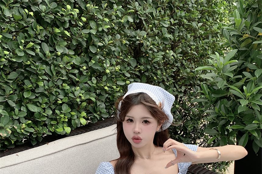 Puff-Sleeve Gingham Bow Mini A-Line Dress / Kerchief