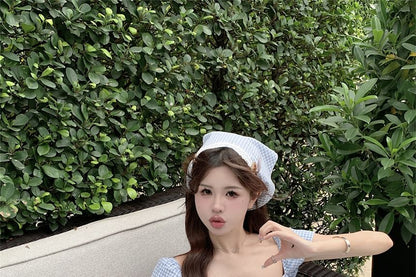 Puff-Sleeve Gingham Bow Mini A-Line Dress / Kerchief