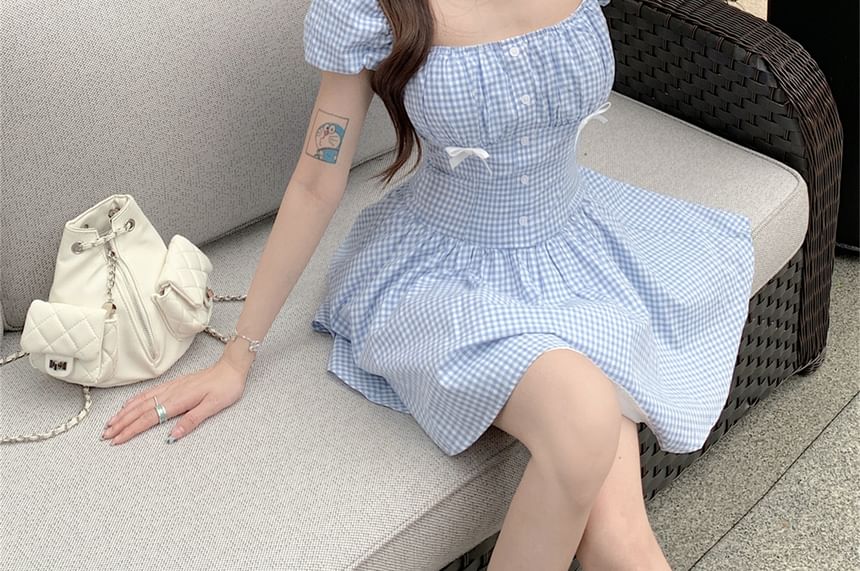 Puff-Sleeve Gingham Bow Mini A-Line Dress / Kerchief
