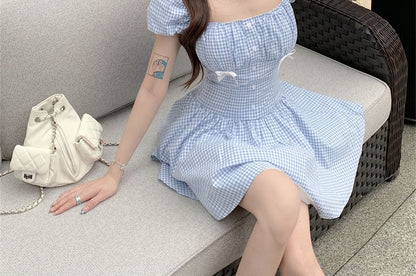 Puff-Sleeve Gingham Bow Mini A-Line Dress / Kerchief