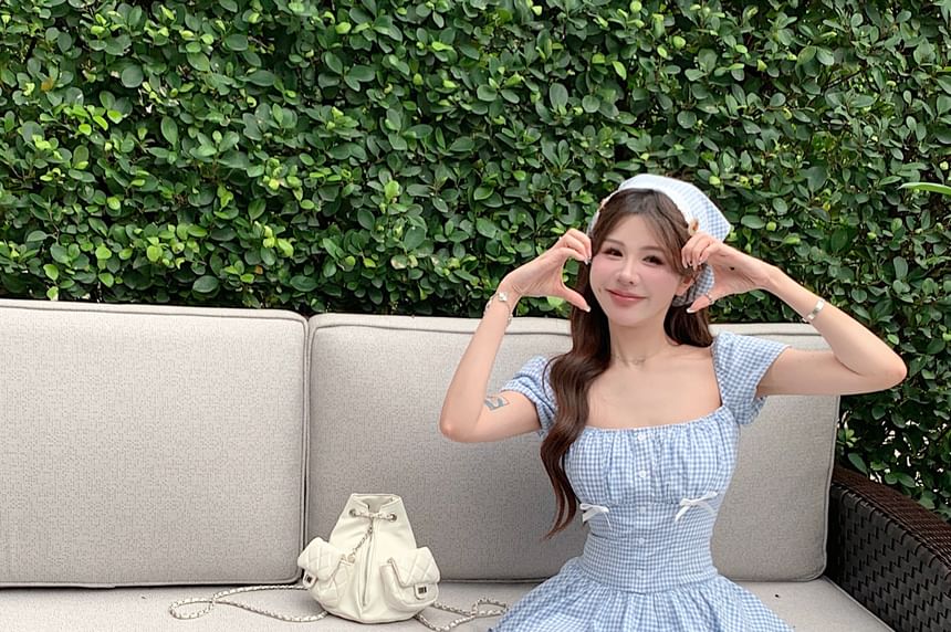 Puff-Sleeve Gingham Bow Mini A-Line Dress / Kerchief