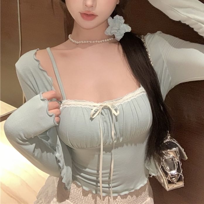 Plain Lace Trim Lettuce Edge Bow Camisole Top / Light Jacket