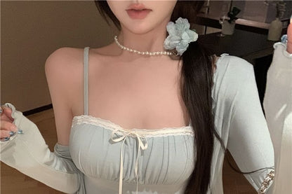 Plain Lace Trim Lettuce Edge Bow Camisole Top / Light Jacket