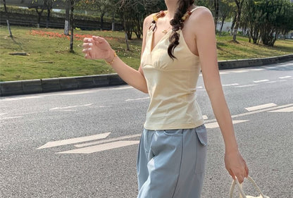 Mid Waist Plain Ruched Wide Leg Pants