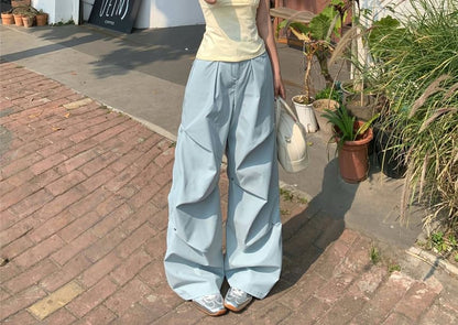Mid Waist Plain Ruched Wide Leg Pants