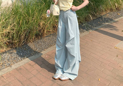 Mid Waist Plain Ruched Wide Leg Pants