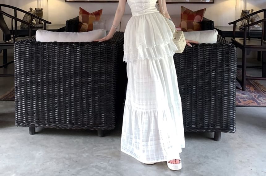 Peplum High Waist Maxi Camisole Plain / Trim A-Line Top Skirt Lace