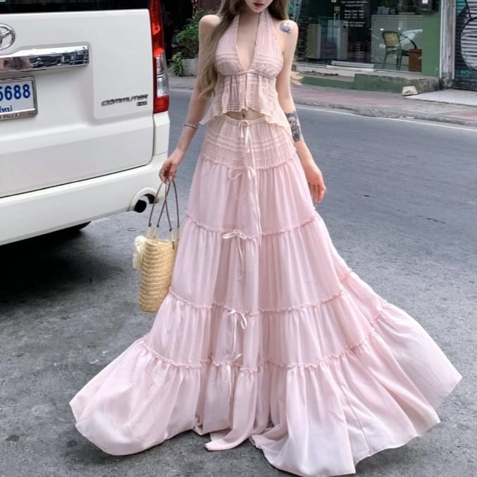 Set: V-Neck Plain Asymmetrical Cropped Halter Top + Low Rise Maxi A-Line Skirt