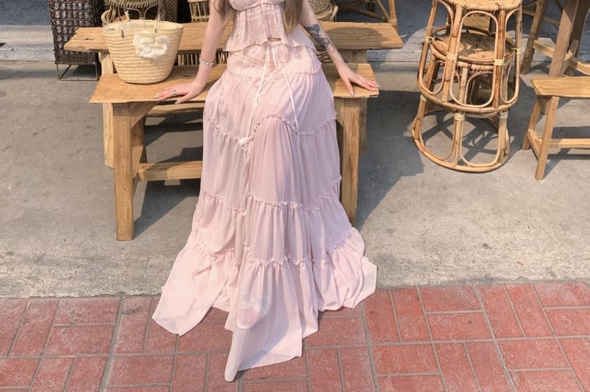 Set: V-Neck Plain Asymmetrical Cropped Halter Top + Low Rise Maxi A-Line Skirt