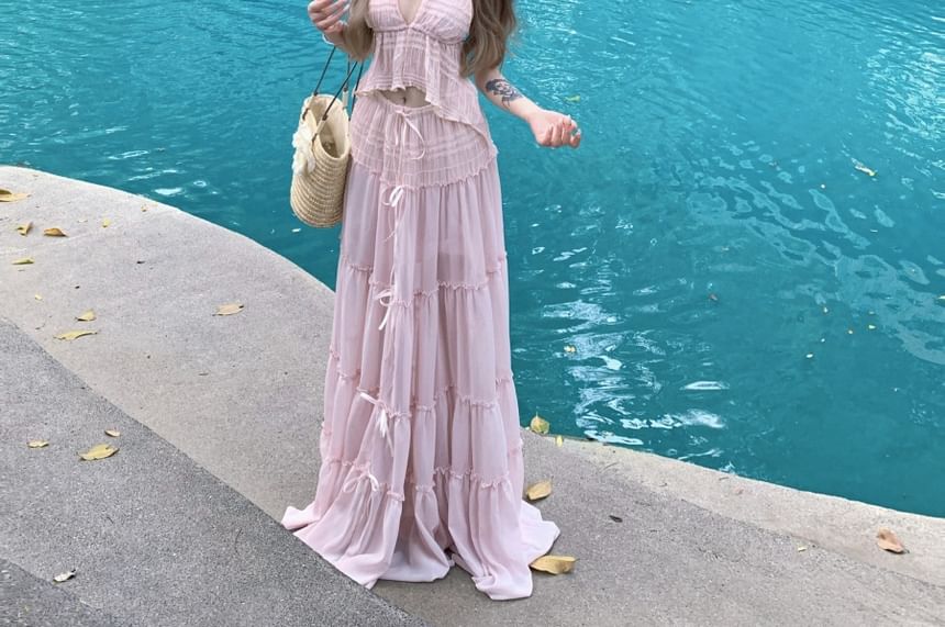 Set: V-Neck Plain Asymmetrical Cropped Halter Top + Low Rise Maxi A-Line Skirt