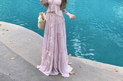 Set: V-Neck Plain Asymmetrical Cropped Halter Top + Low Rise Maxi A-Line Skirt