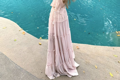 Set: V-Neck Plain Asymmetrical Cropped Halter Top + Low Rise Maxi A-Line Skirt