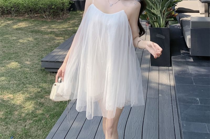 Flower Sundress Strap Detail Plain Spaghetti Mesh Mini