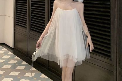 Flower Sundress Strap Detail Plain Spaghetti Mesh Mini