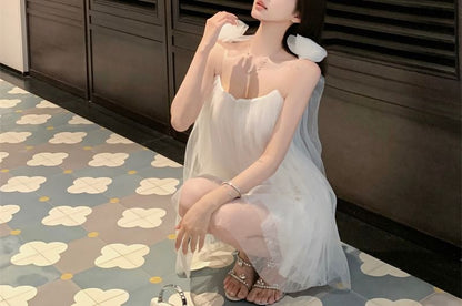 Flower Sundress Strap Detail Plain Spaghetti Mesh Mini