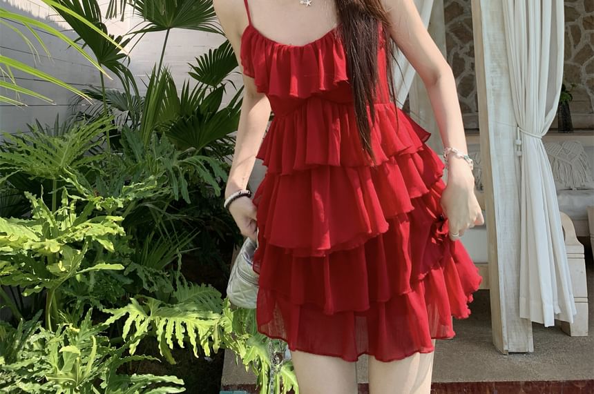 Spaghetti Strap Plain Ruffle Mini Sundress
