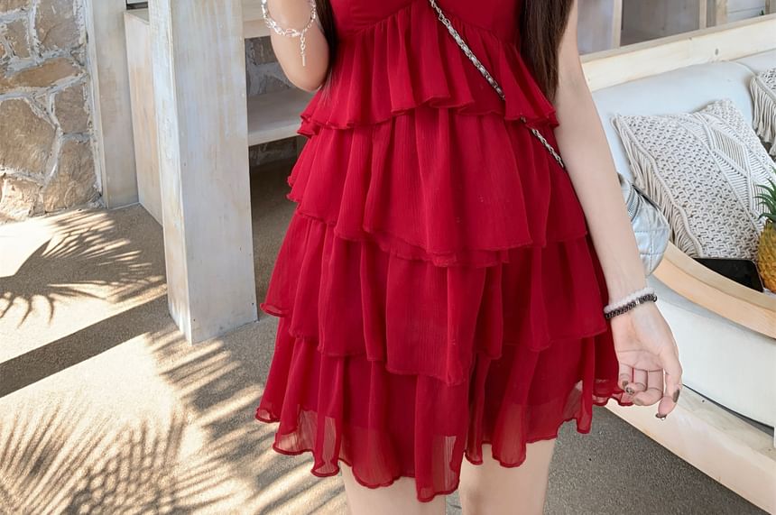 Spaghetti Strap Plain Ruffle Mini Sundress