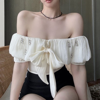 Puff-Sleeve Off-Shoulder Plain Bow Rhinestone Blouse