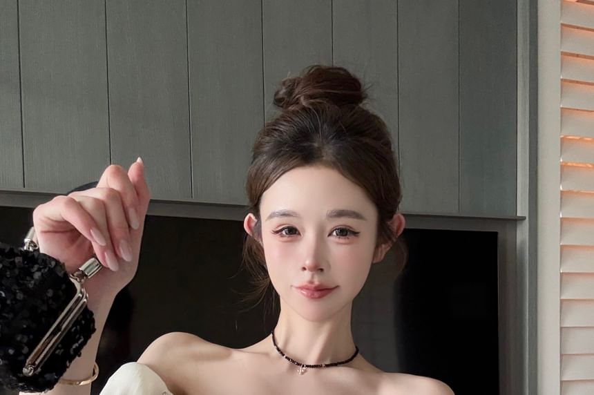 Puff-Sleeve Off-Shoulder Plain Bow Rhinestone Blouse