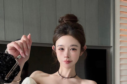 Puff-Sleeve Off-Shoulder Plain Bow Rhinestone Blouse