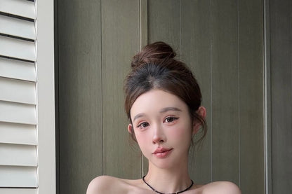 Puff-Sleeve Off-Shoulder Plain Bow Rhinestone Blouse