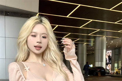 T-Shirt Plain Panel Two-Piece Mesh V-Neck Mock Edge Lettuce Long-Sleeve