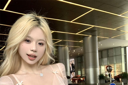 T-Shirt Plain Panel Two-Piece Mesh V-Neck Mock Edge Lettuce Long-Sleeve